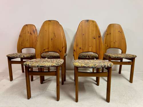 Set of Six Danish High Back Pine Dining Chairs
