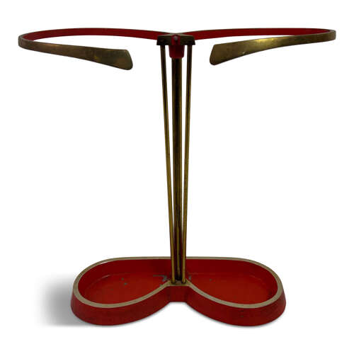 1950s Brass and Red Metal Umbrella Stand