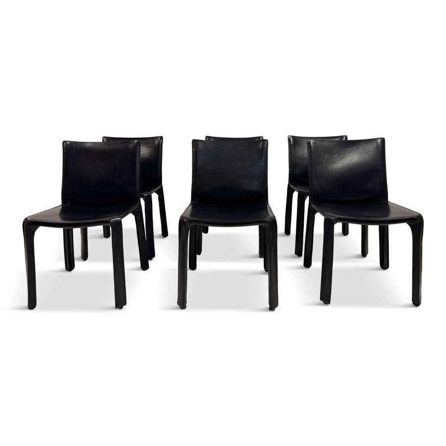 Set of Six Black Leather Cab Dining Chairs by Mario Bellini for Cassina