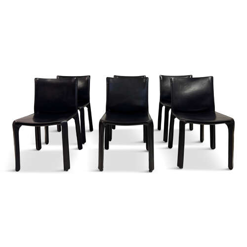 Set of Six Black Leather Cab Dining Chairs by Mario Bellini for Cassina