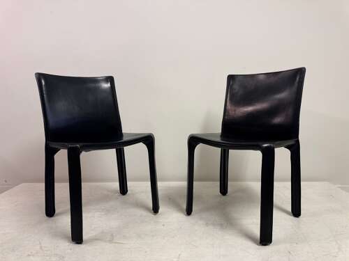 Set of Six Black Leather Cab Dining Chairs by Mario Bellini for Cassina