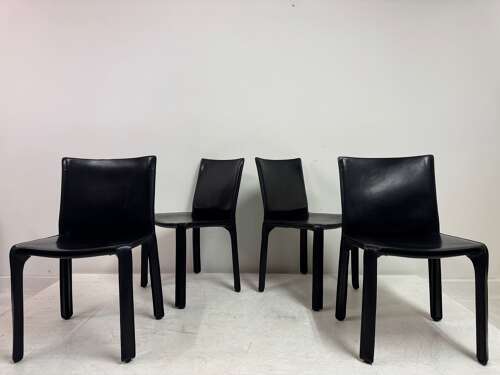 Set of Six Black Leather Cab Dining Chairs by Mario Bellini for Cassina