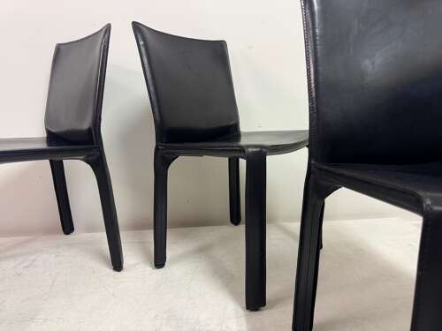 Set of Six Black Leather Cab Dining Chairs by Mario Bellini for Cassina