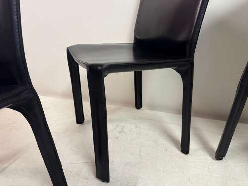 Set of Six Black Leather Cab Dining Chairs by Mario Bellini for Cassina