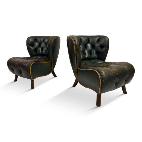 Pair of 1940s Danish Lounge Slipper Chairs in Green Patinated Leather