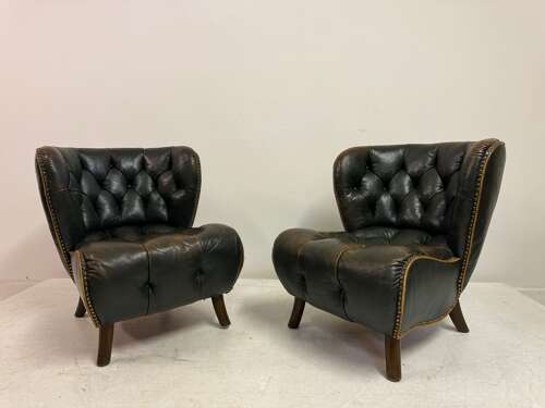 Pair of 1940s Danish Lounge Slipper Chairs in Green Patinated Leather