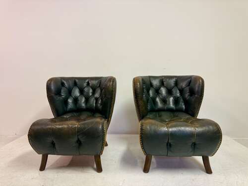 Pair of 1940s Danish Lounge Slipper Chairs in Green Patinated Leather