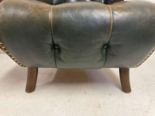 Pair of 1940s Danish Lounge Slipper Chairs in Green Patinated Leather