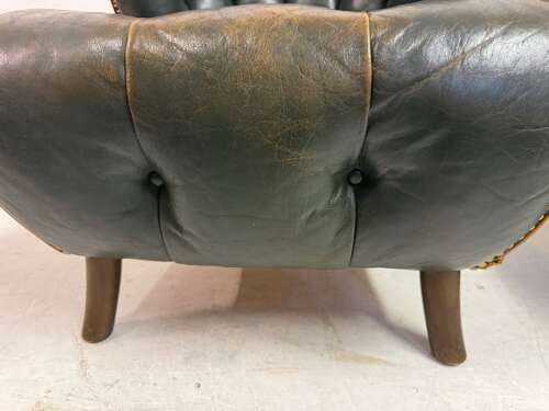 Pair of 1940s Danish Lounge Slipper Chairs in Green Patinated Leather