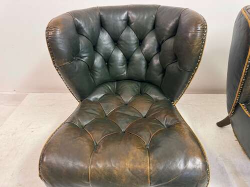 Pair of 1940s Danish Lounge Slipper Chairs in Green Patinated Leather