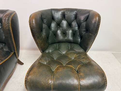 Pair of 1940s Danish Lounge Slipper Chairs in Green Patinated Leather