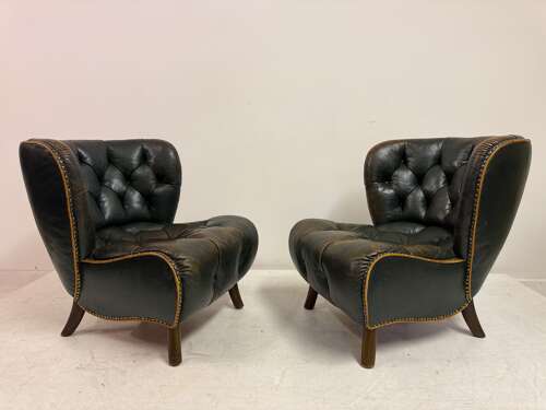Pair of 1940s Danish Lounge Slipper Chairs in Green Patinated Leather