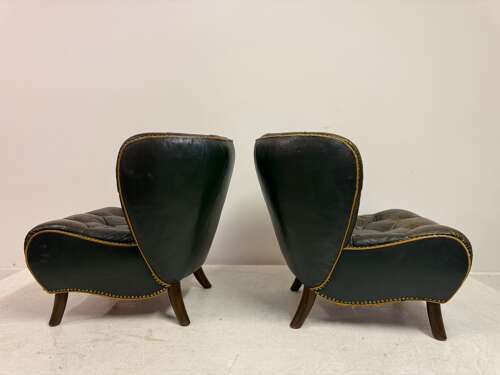 Pair of 1940s Danish Lounge Slipper Chairs in Green Patinated Leather