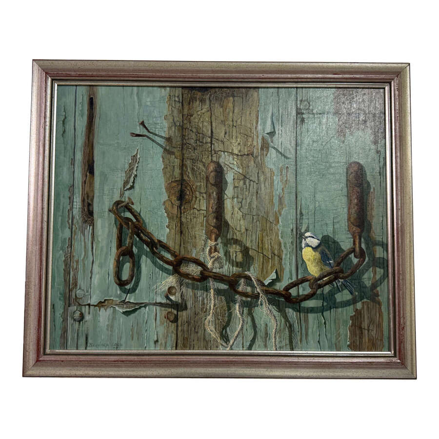 Blue Tit On A Weathered Gate, Oil On Board Painting By Bernard Lord (20th Century British)