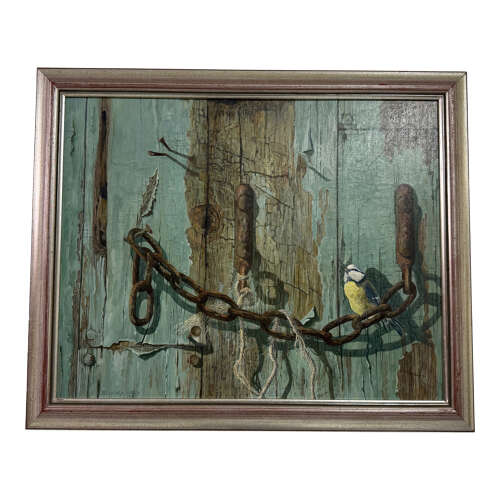Blue Tit On A Weathered Gate, Oil On Board Painting By Bernard Lord (20th Century British)