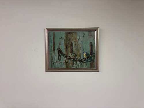 Blue Tit On A Weathered Gate, Oil On Board Painting By Bernard Lord (20th Century British)