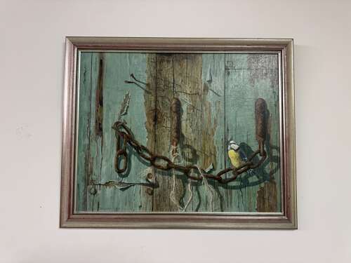 Blue Tit On A Weathered Gate, Oil On Board Painting By Bernard Lord (20th Century British)