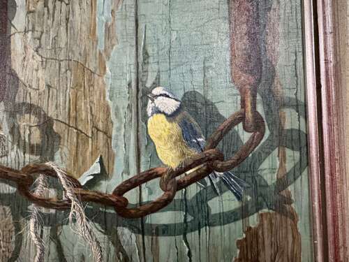 Blue Tit On A Weathered Gate, Oil On Board Painting By Bernard Lord (20th Century British)
