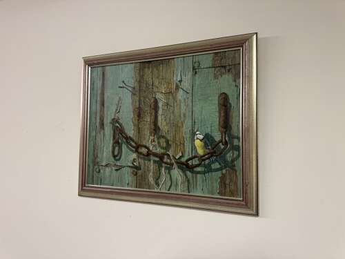 Blue Tit On A Weathered Gate, Oil On Board Painting By Bernard Lord (20th Century British)