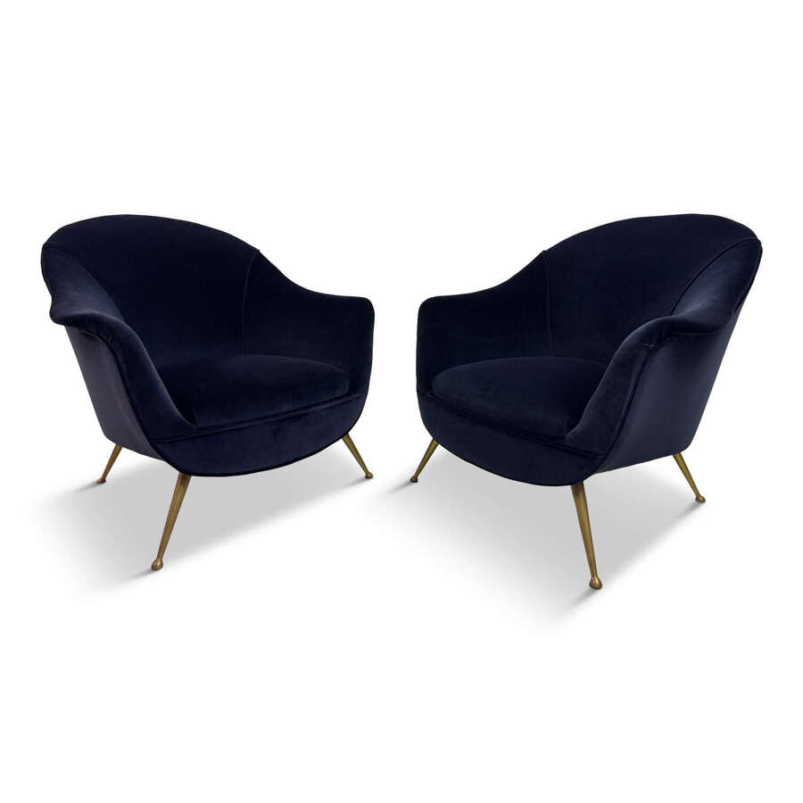 Pair of Italian Mid-Century Lounge Chairs in Navy Romo Cotton Velvet, 1960s