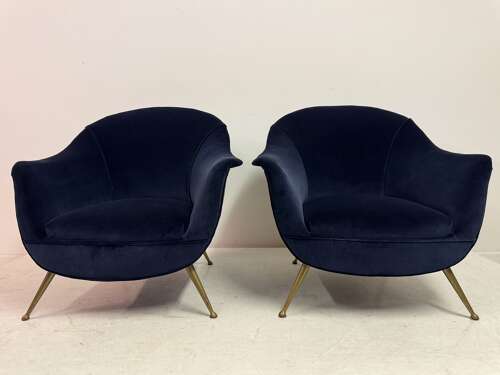 Pair of Italian Mid-Century Lounge Chairs in Navy Romo Cotton Velvet, 1960s
