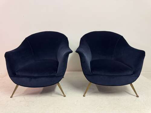 Pair of Italian Mid-Century Lounge Chairs in Navy Romo Cotton Velvet, 1960s
