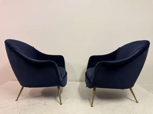 Pair of Italian Mid-Century Lounge Chairs in Navy Romo Cotton Velvet, 1960s