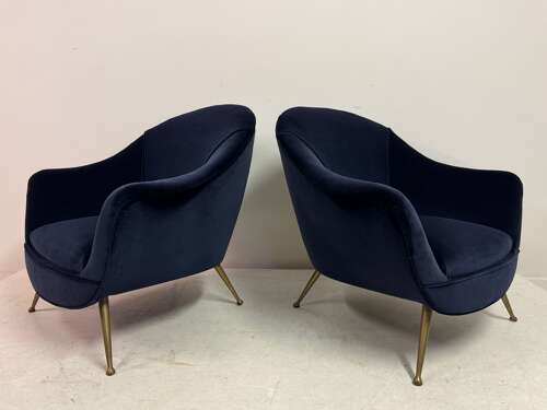 Pair of Italian Mid-Century Lounge Chairs in Navy Romo Cotton Velvet, 1960s