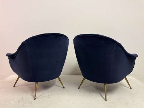 Pair of Italian Mid-Century Lounge Chairs in Navy Romo Cotton Velvet, 1960s