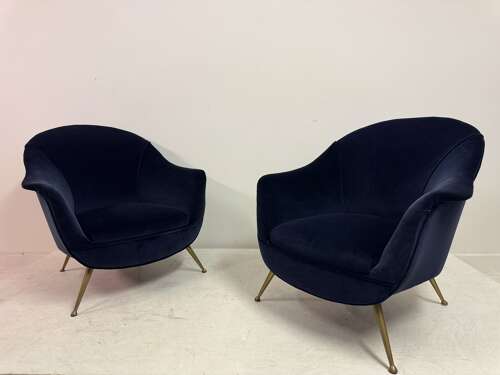 Pair of Italian Mid-Century Lounge Chairs in Navy Romo Cotton Velvet, 1960s