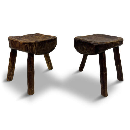 Pair of Rustic Brutalist Tripod Stools in Elm