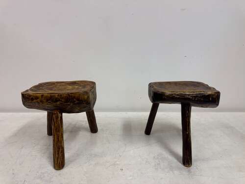 Pair of Rustic Brutalist Tripod Stools in Elm