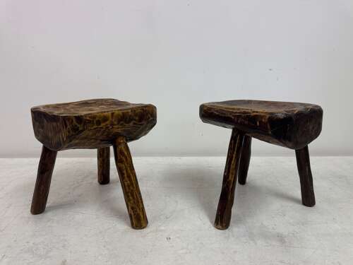 Pair of Rustic Brutalist Tripod Stools in Elm