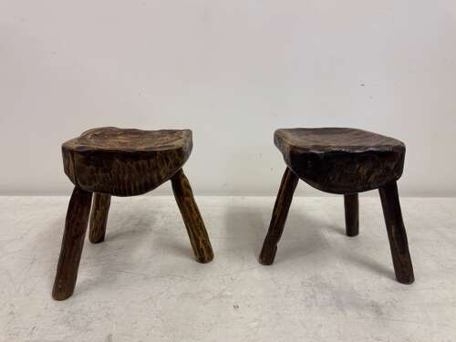 Pair of Rustic Brutalist Tripod Stools in Elm