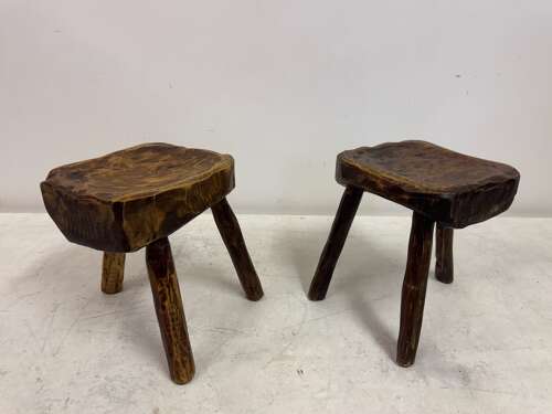 Pair of Rustic Brutalist Tripod Stools in Elm
