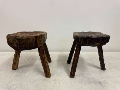 Pair of Rustic Brutalist Tripod Stools in Elm