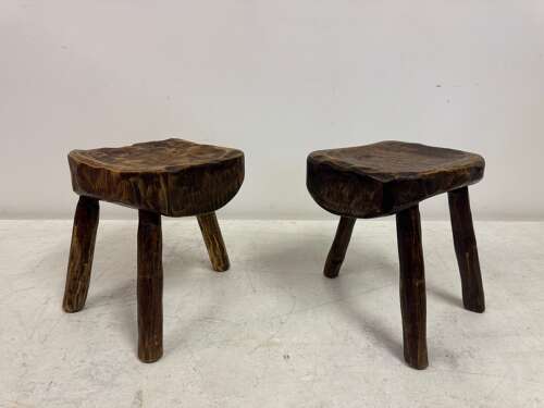 Pair of Rustic Brutalist Tripod Stools in Elm